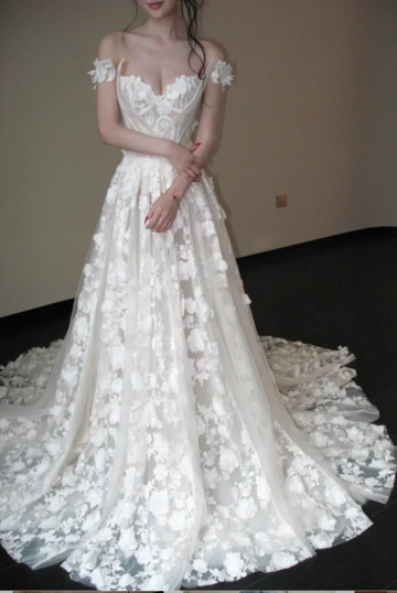 Niulatu Off-the-shoulder A-Line Long Wedding Dresses Tulle Applique Sleeveless Bridal Gowns Ivory Bridal Dresses HZ1026
